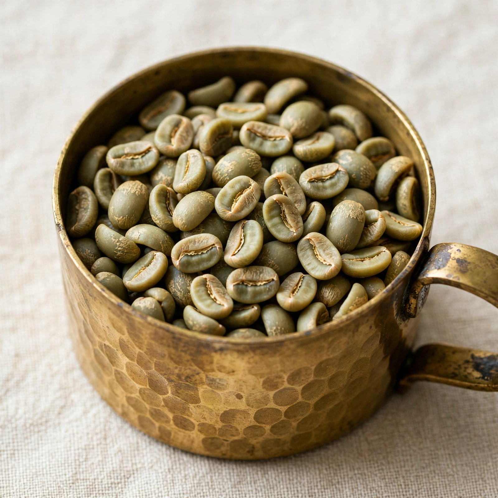 About us Raw unroasted specialty green coffee beans in brass cup - Pure Batch UAE