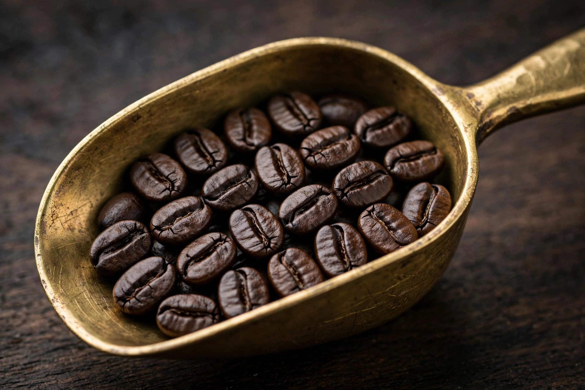 About us Specialty roasted coffee beans in brass scoop - Pure Batch