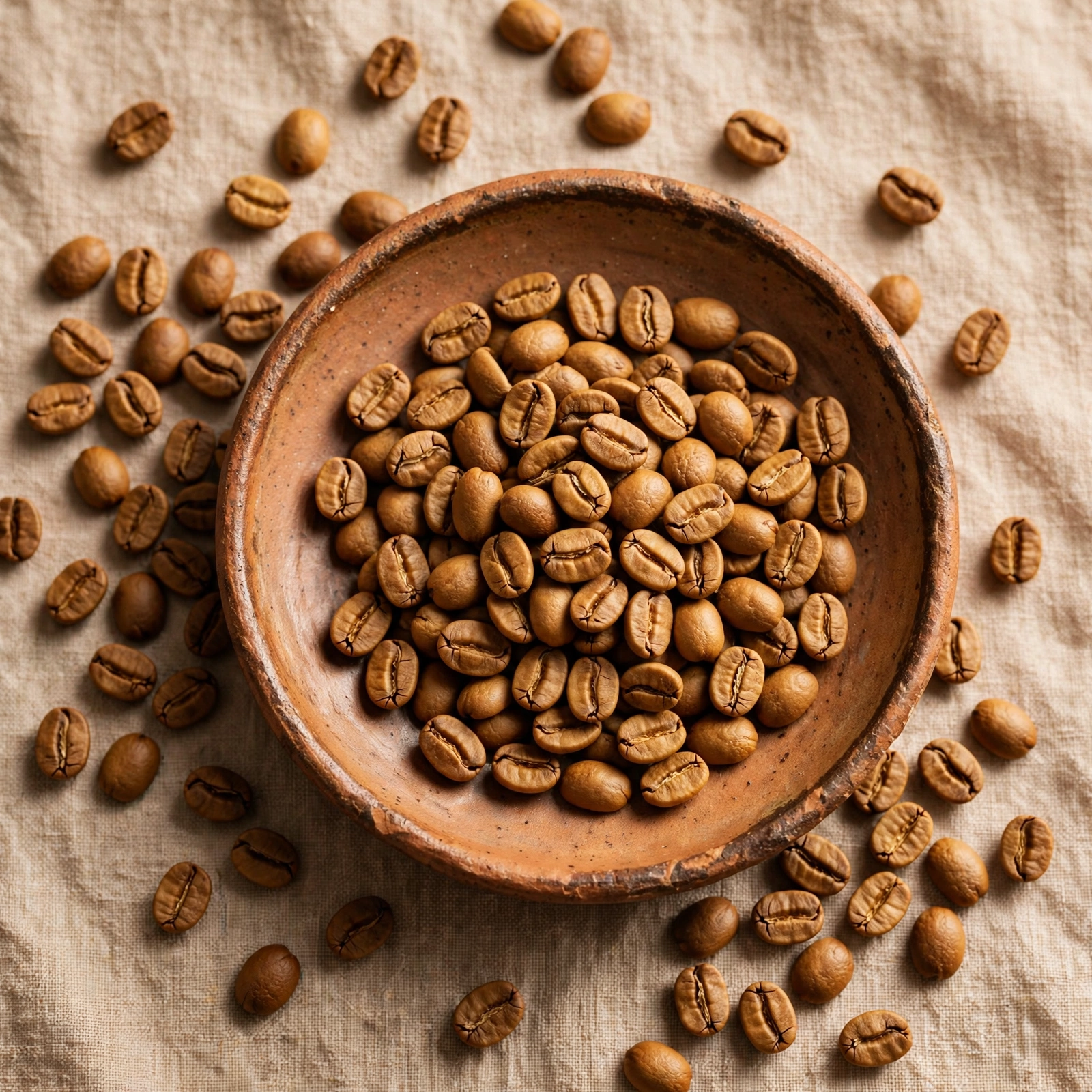 About us Minimalist flatlay of roasted coffee beans in ceramic dish - Pure Batch UAE